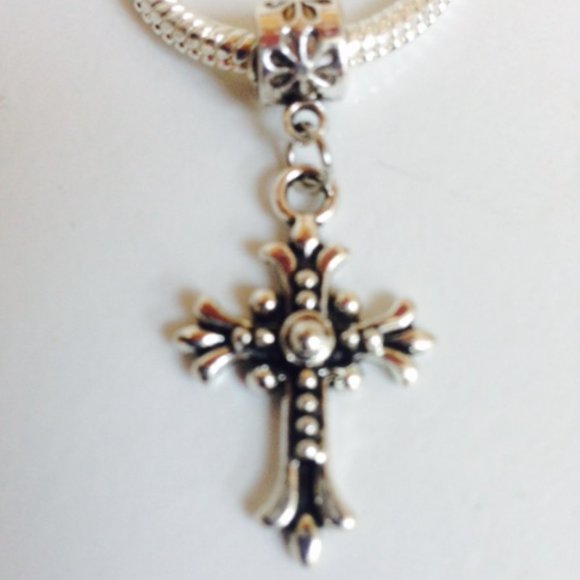 “CROSS” Sterling Silver Plated Dangling Charm For European Style Charm Necklace - Picture 1 of 4